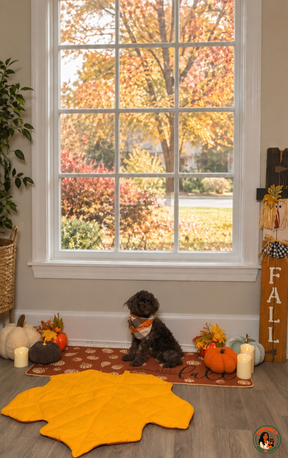 A small black poodle in a plaid scarf by a fall welcome mat and wooden FALL sign