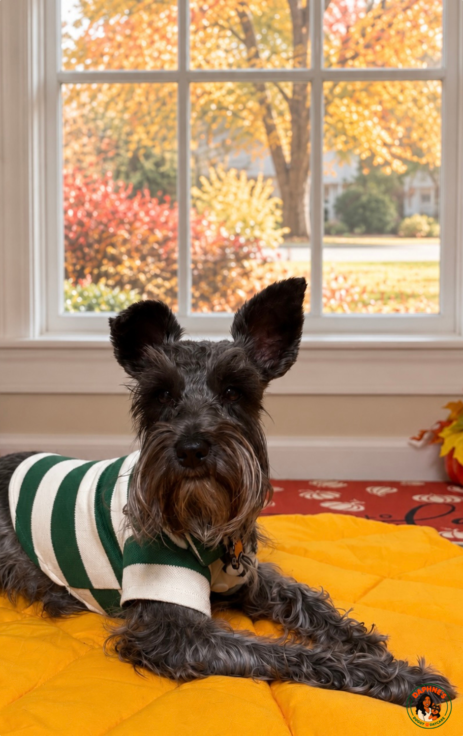 Close-up of a schnauzer in a striped sweater with autumn trees through the window