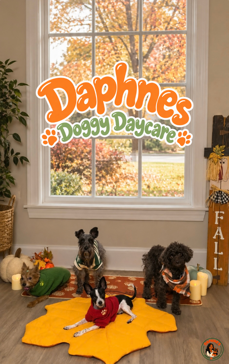 Four small dogs in cozy fall sweaters and scarves by a window with autumn leaves