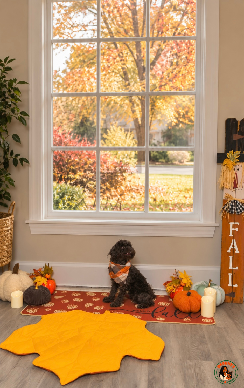 A small black poodle in a plaid scarf sitting among fall pumpkins and candles