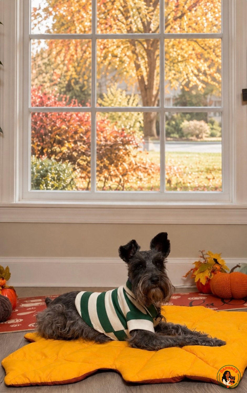 A schnauzer in a green striped sweater lying on a leaf blanket beside pumpkins