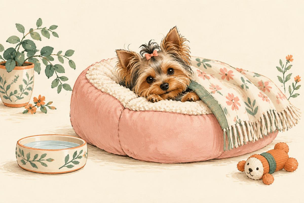 Cartoon of a tiny Yorkie resting in a cozy bed
