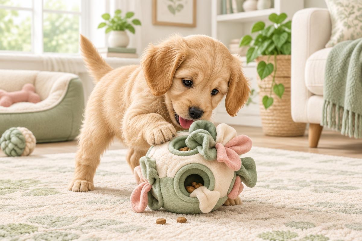 Cartoon of a puppy exploring a gentle enrichment toy